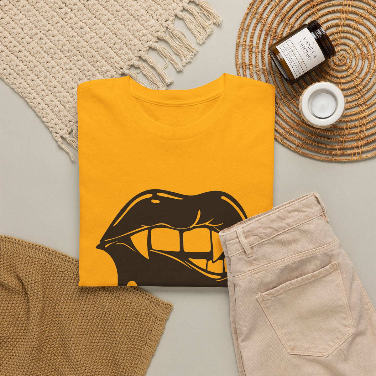 Graphic Tee by Printify featuring a dripping lips 'hmm...' bite design on a casual T-shirt.