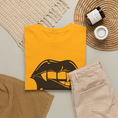 Graphic Tee by Printify featuring a dripping lips 'hmm...' bite design on a casual T-shirt.
