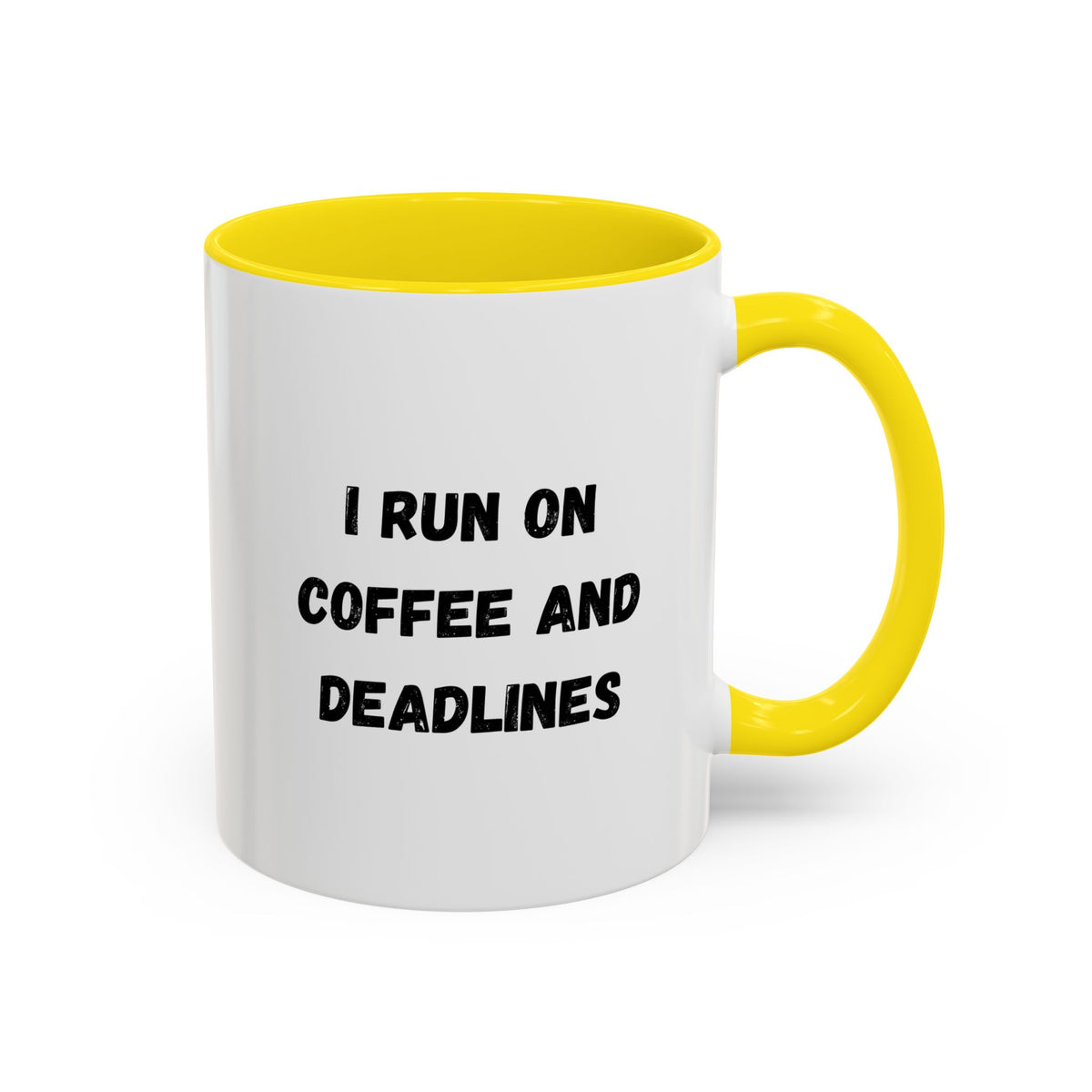 White ceramic mug with "I Run on Coffee and Deadlines" text, featuring a modern design perfect for coffee lovers and office use.