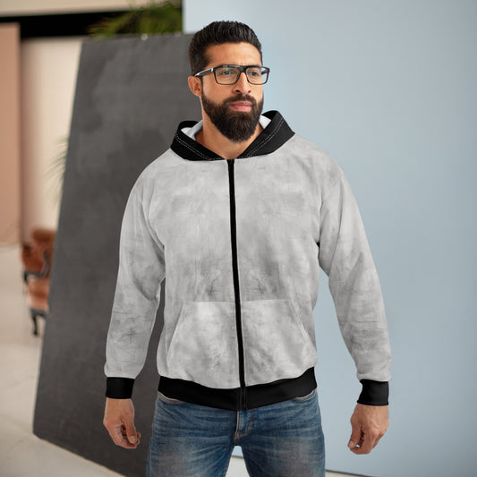 Gray marble tie-dye zip hoodie with all-over print from Printify, featuring a full-zip front and subtle marble pattern.