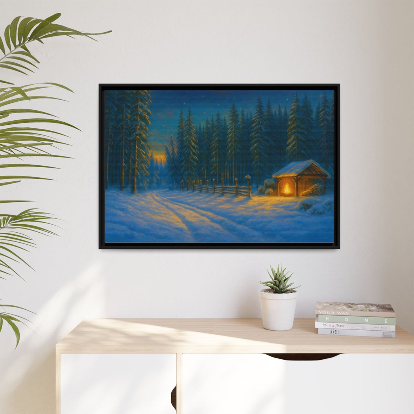 Cozy winter cabin matte framed canvas wall art depicting a snowy forest scene at dusk, perfect for winter home decor.