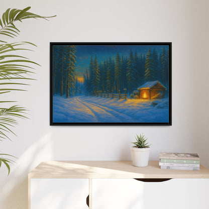Cozy winter cabin matte framed canvas wall art depicting a snowy forest scene at dusk, perfect for winter home decor.