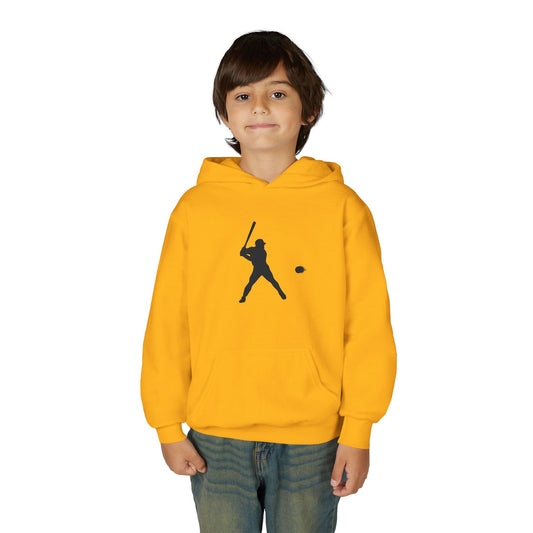Youth baseball player silhouette hoodie for kids, navy blue sweatshirt with printed baseball bat and glove design, casual sportswear.