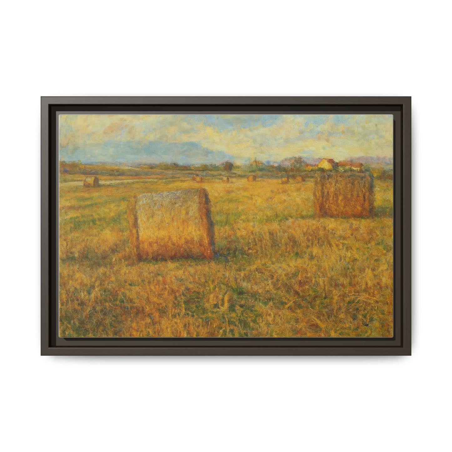 Framed matte canvas wall art featuring a rustic hayfield landscape print by Printify.