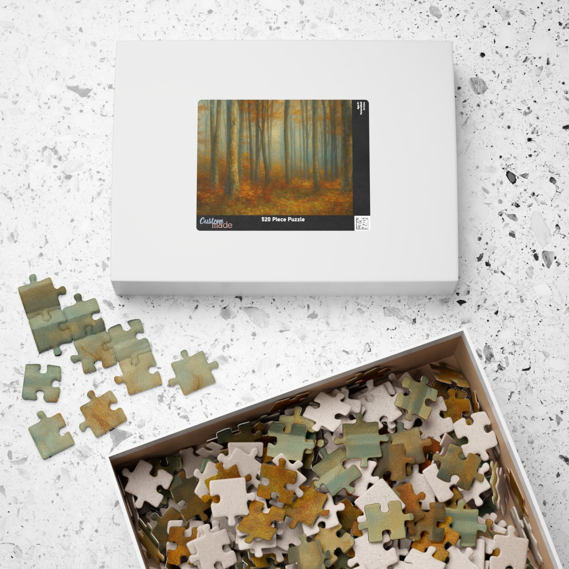 Colorful Misty Autumn Forest puzzle by Printify featuring woodland trees and vibrant fall foliage for nature lovers.