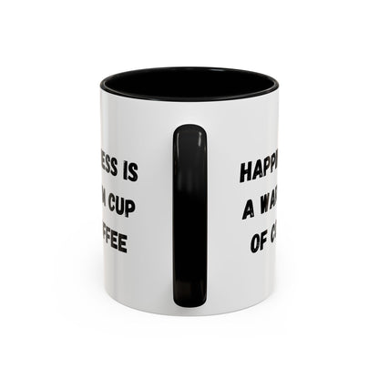 Printify ceramic coffee mug with "Happiness Is A Warm Cup Of Coffee" quote, white mug with black text and handle.