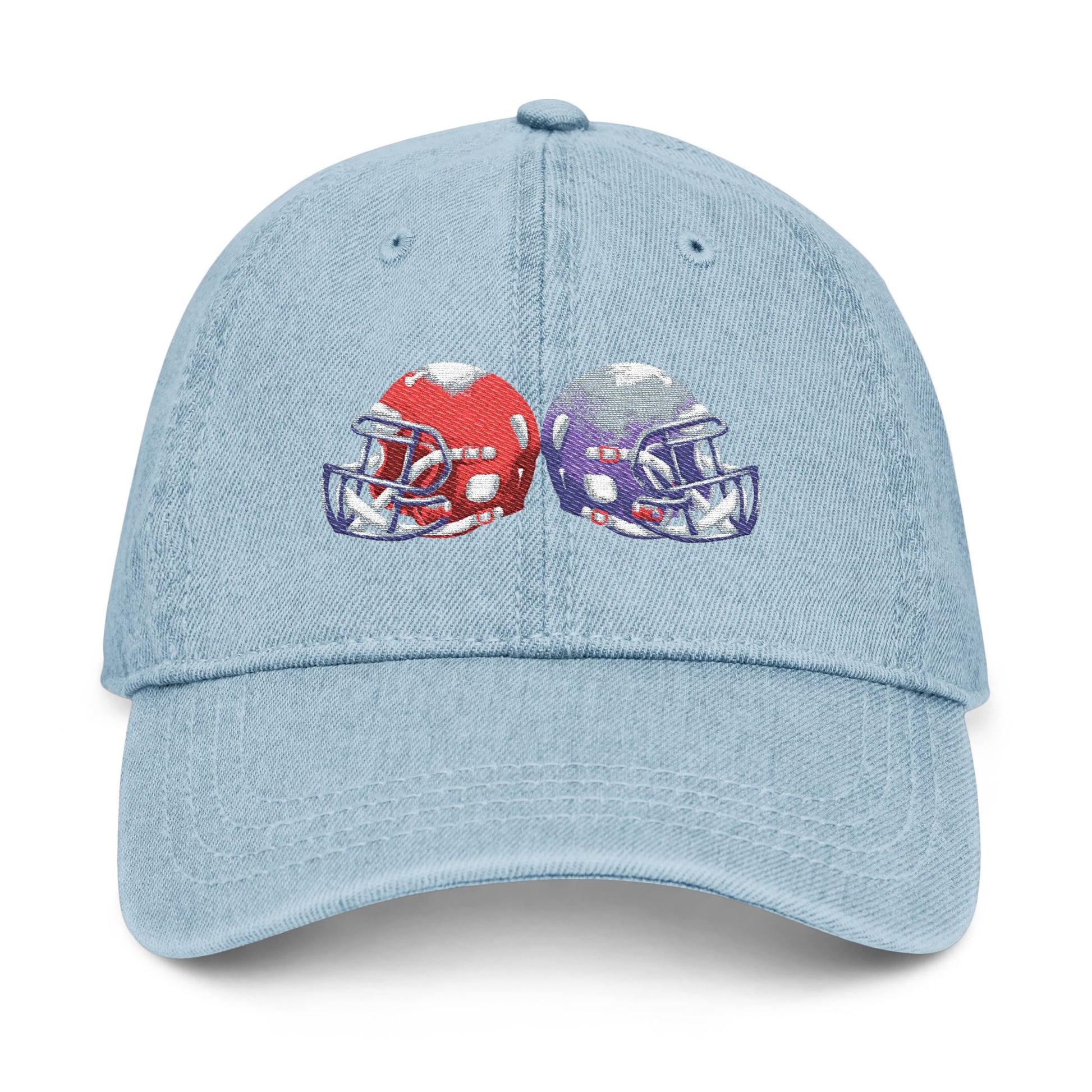 Embroidered denim football helmet hats in red and blue team colors, featuring detailed team logo embroidery, by Printify.