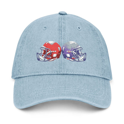 Embroidered denim football helmet hats in red and blue team colors, featuring detailed team logo embroidery, by Printify.
