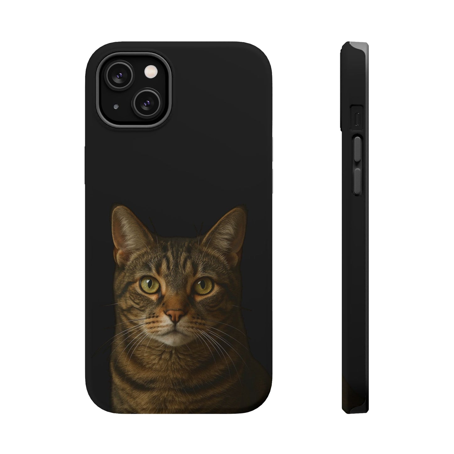 Tabby cat portrait phone case held in hand