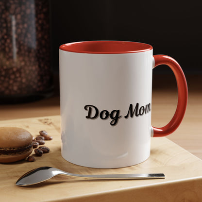 Dog Mom Accent Coffee Mug — white ceramic coffee mug with retro script "Dog Mom" print, colored interior and C-handle, 11oz/15oz, close-up of the printed design