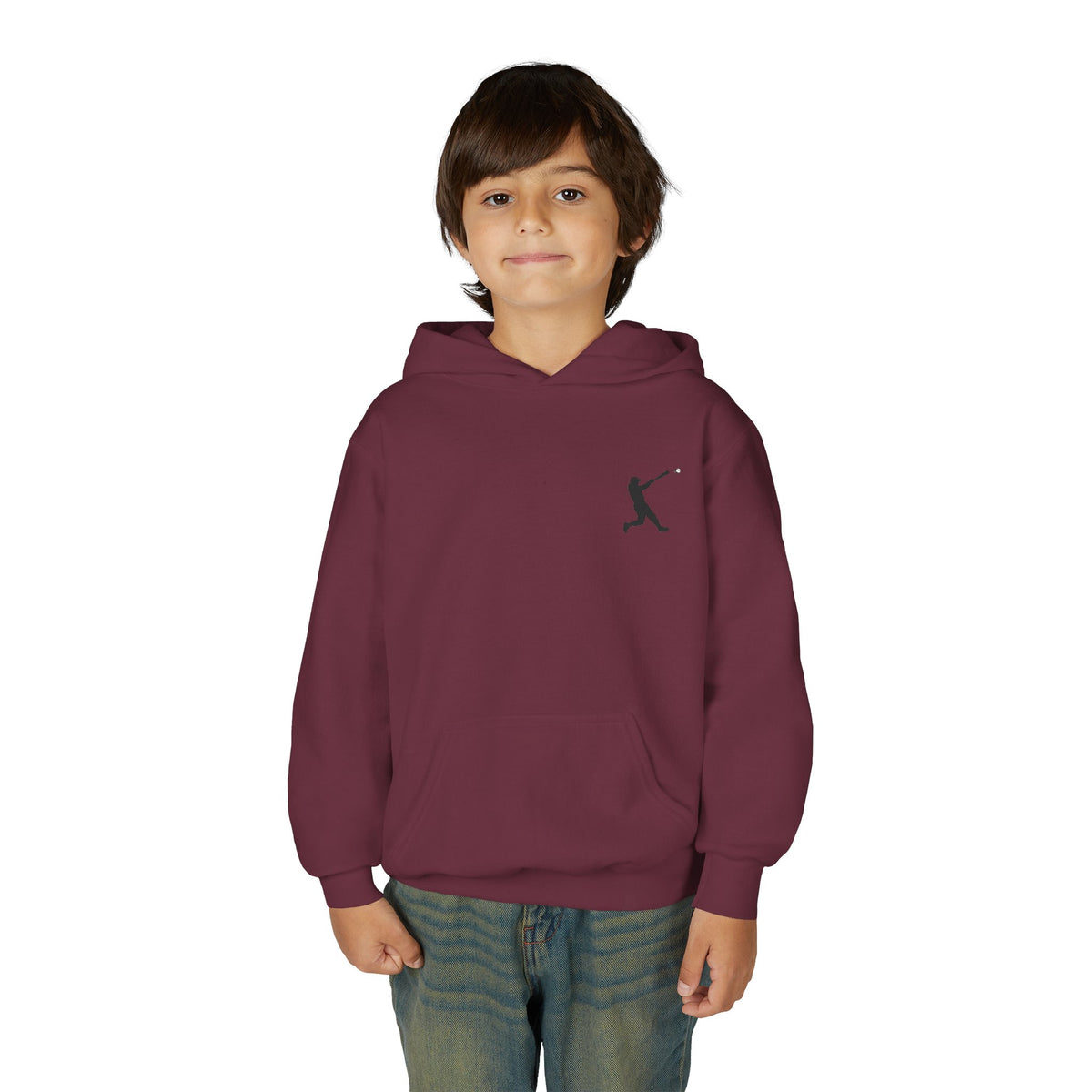 Youth baseball silhouette hoodie for kids featuring a baseball player graphic, comfortable pullover sweatshirt by Printify.