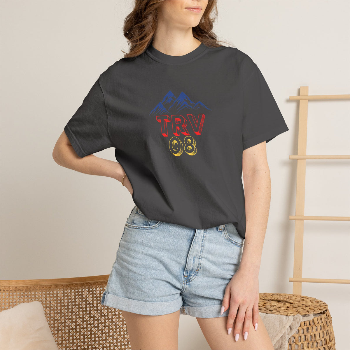 Unisex garment-dyed T-shirt with TRV08 Logo printed on front, made by Printify, in a casual, comfortable fit.