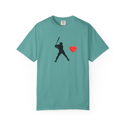 White baseball batter heart T-shirt by Printify featuring a graphic of a batter swinging with a heart design.