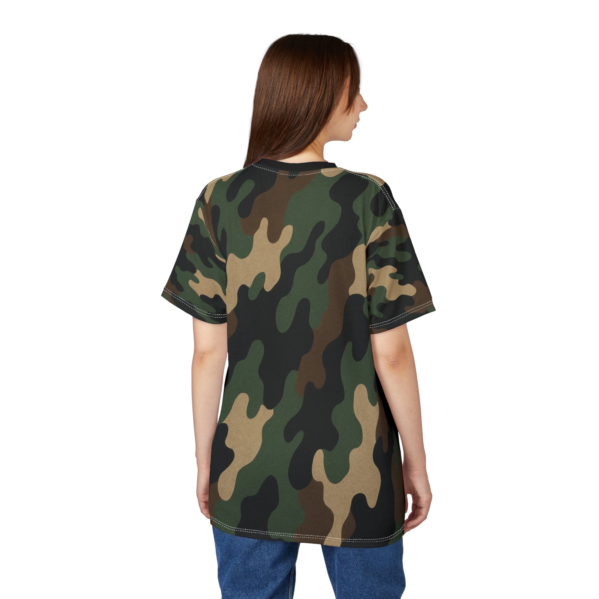 All-over woodland camouflage print T-shirt by Printify featuring a classic camo pattern on a casual tee.