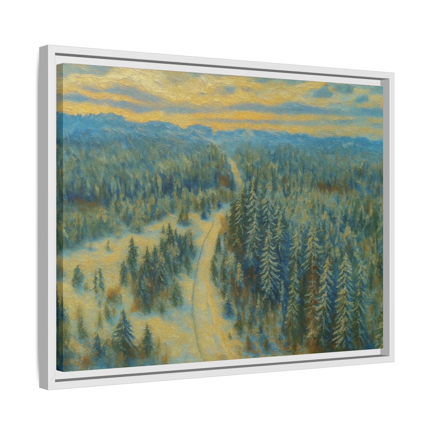 Framed matte canvas print of a serene winter forest landscape by Printify, showcasing snow-covered trees and peaceful winter scenery.