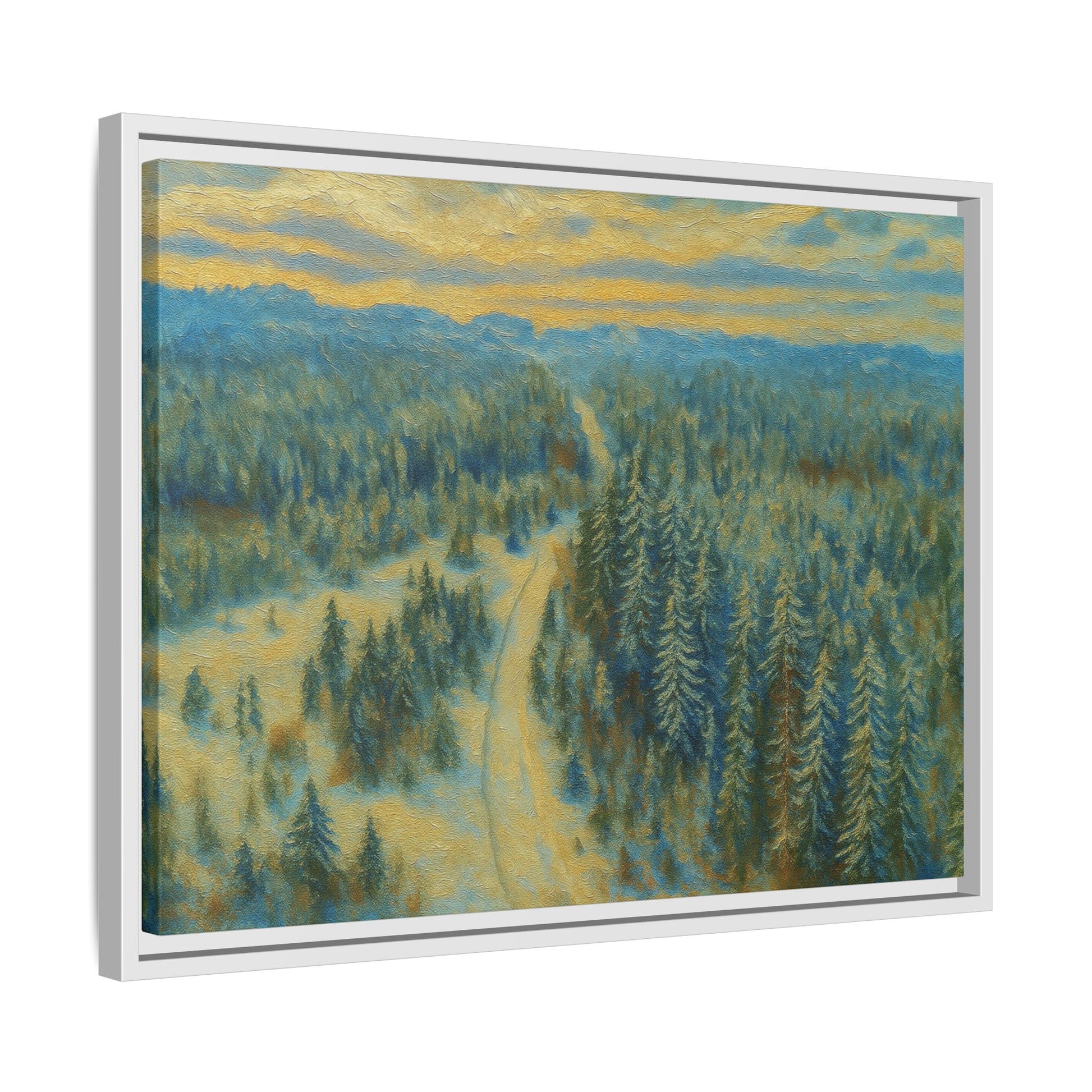 Framed matte canvas print of a serene winter forest landscape by Printify, showcasing snow-covered trees and peaceful winter scenery.