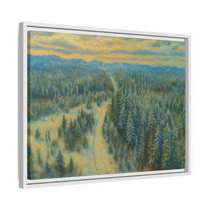Framed matte canvas print of a serene winter forest landscape by Printify, showcasing snow-covered trees and peaceful winter scenery.