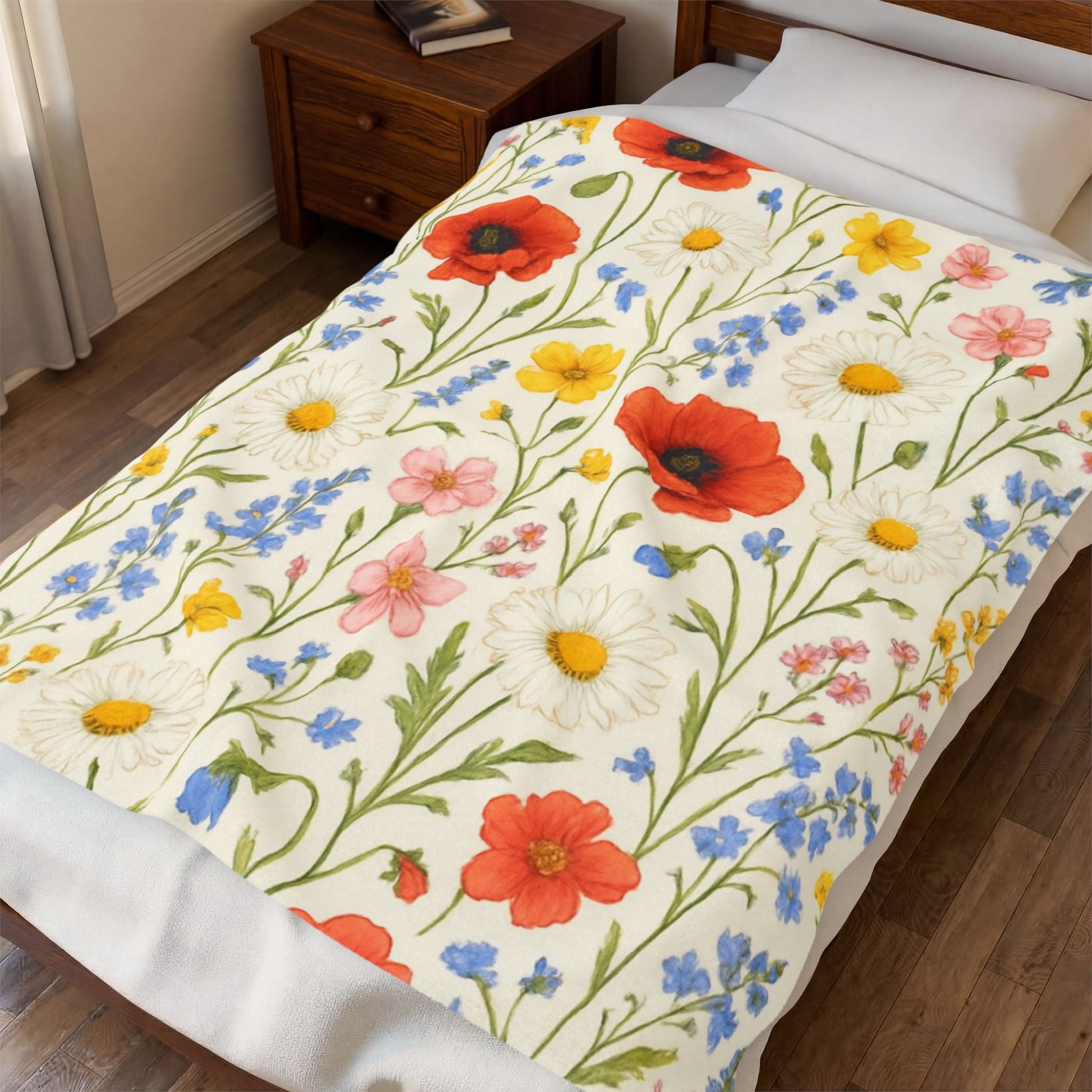 Velveteen plush blanket with all-over poppy daisy floral print, Wildflower Meadow design by Printify, soft and cozy throw blanket.