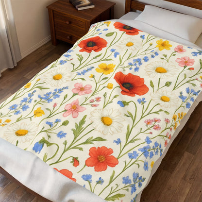 Velveteen plush blanket with all-over poppy daisy floral print, Wildflower Meadow design by Printify, soft and cozy throw blanket.