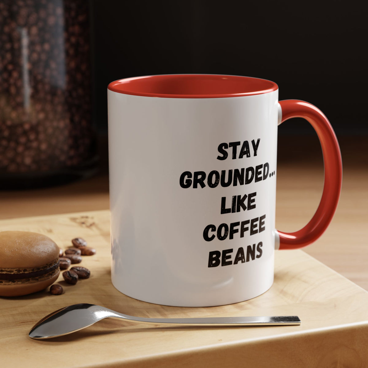 Stay Grounded coffee mug with printed coffee bean design, 11oz, perfect for coffee lovers and humorous gift ideas.