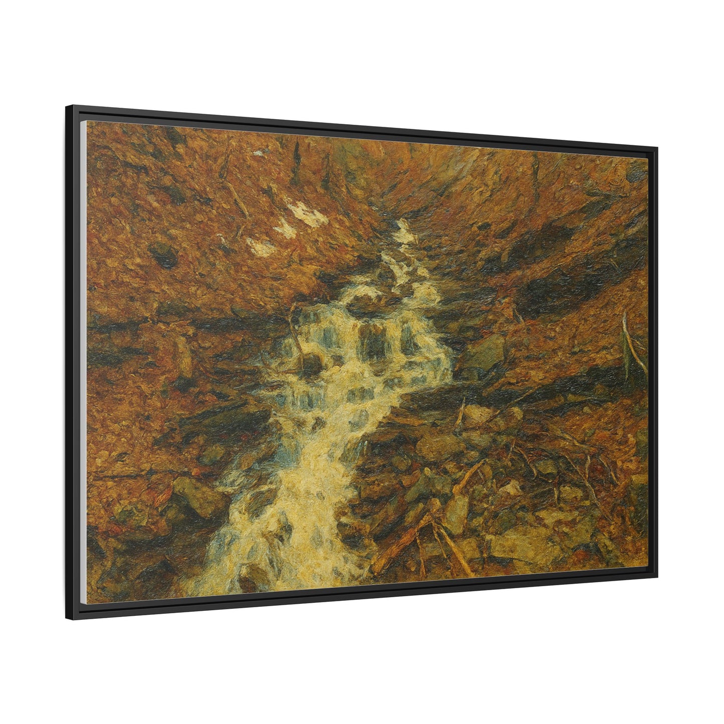 Framed matte canvas print of autumn stream landscape artwork by Printify, showcasing vibrant fall colors and serene nature scene