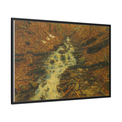 Framed matte canvas print of autumn stream landscape artwork by Printify, showcasing vibrant fall colors and serene nature scene
