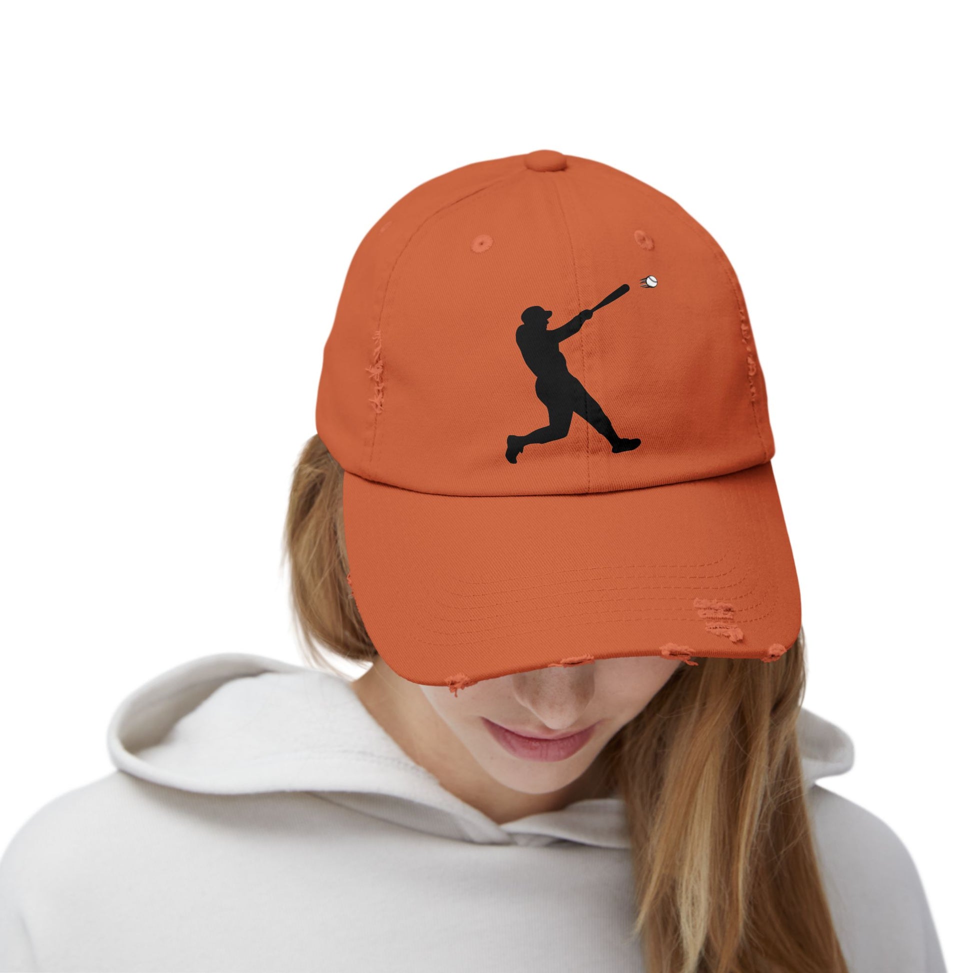 Distressed baseball cap featuring a silhouette batter design, casual hat by Printify, with a worn, vintage look.