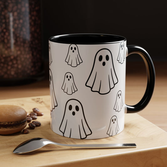 Printify ghost pattern ceramic coffee mug with Halloween-themed design, 11oz size, perfect for seasonal hot beverages.