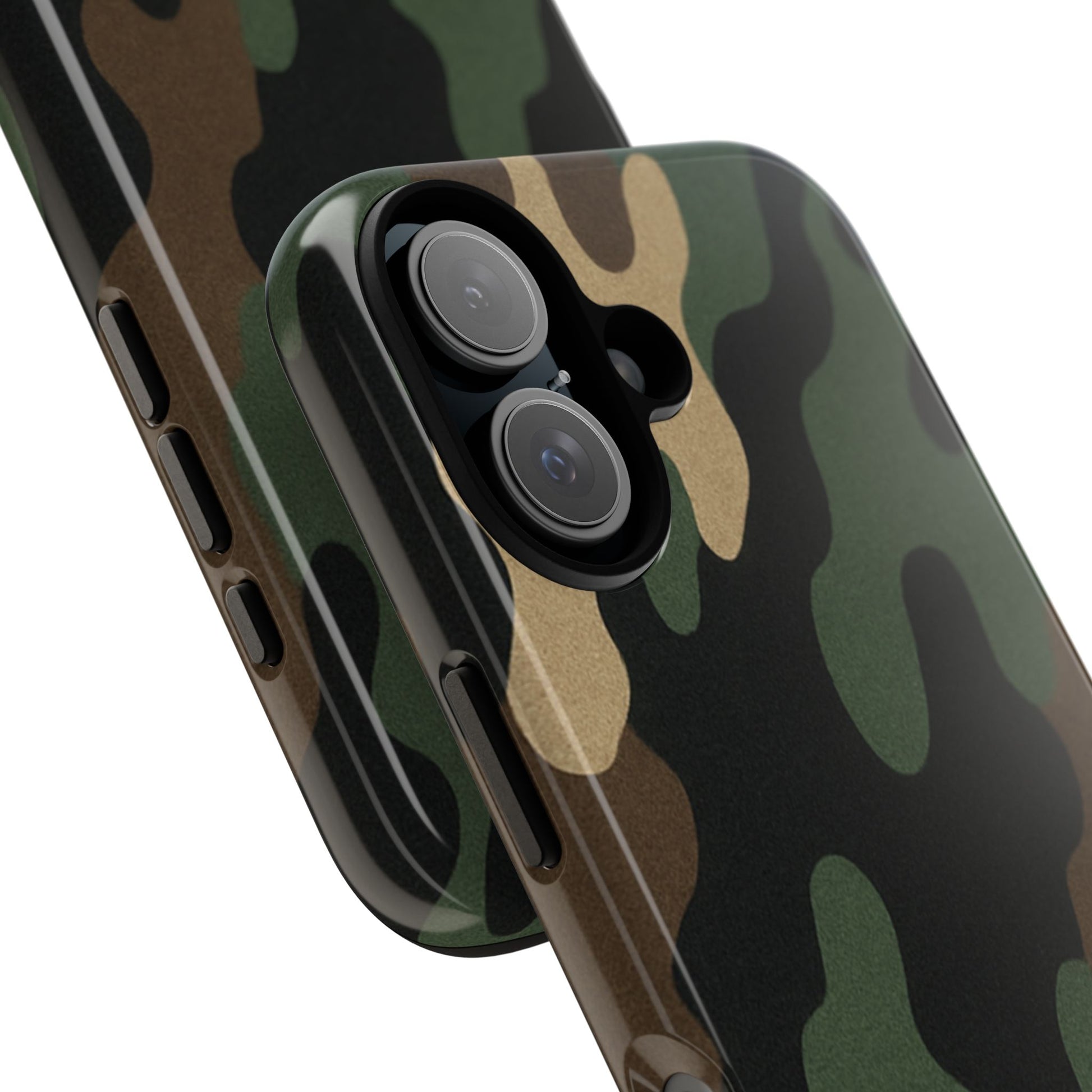 Rugged military green camo phone case by Printify, providing durable protection for a smartphone.