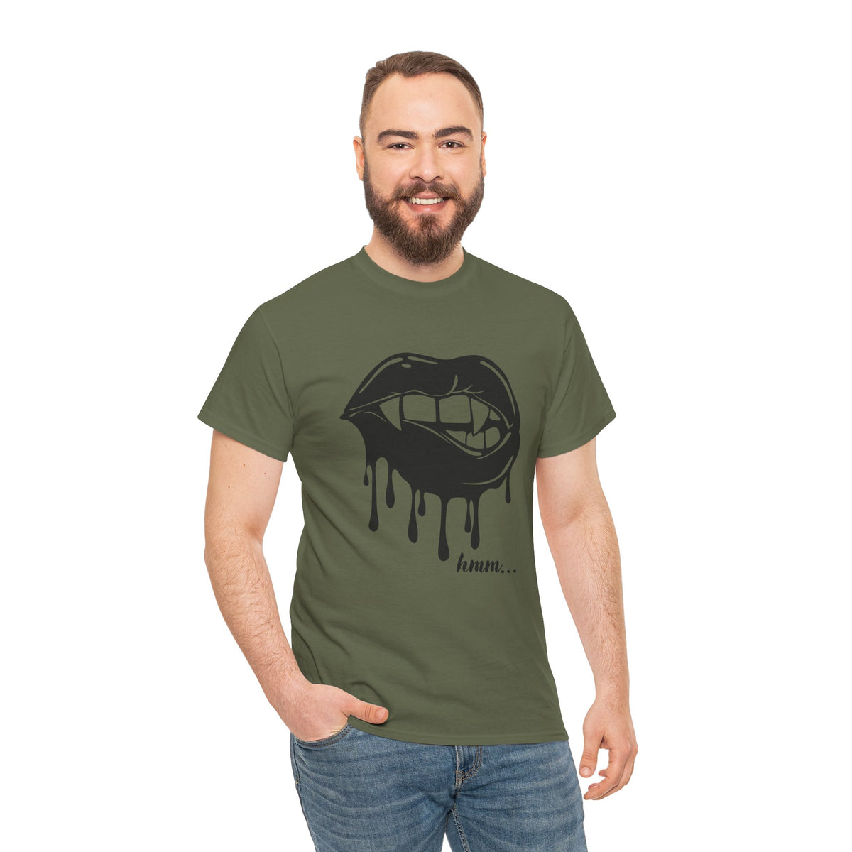 Black graphic T-shirt featuring dripping lips and "hmm..." bite design by Printify, showcasing bold, artistic print on front.