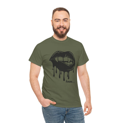 Black graphic T-shirt featuring dripping lips and "hmm..." bite design by Printify, showcasing bold, artistic print on front.