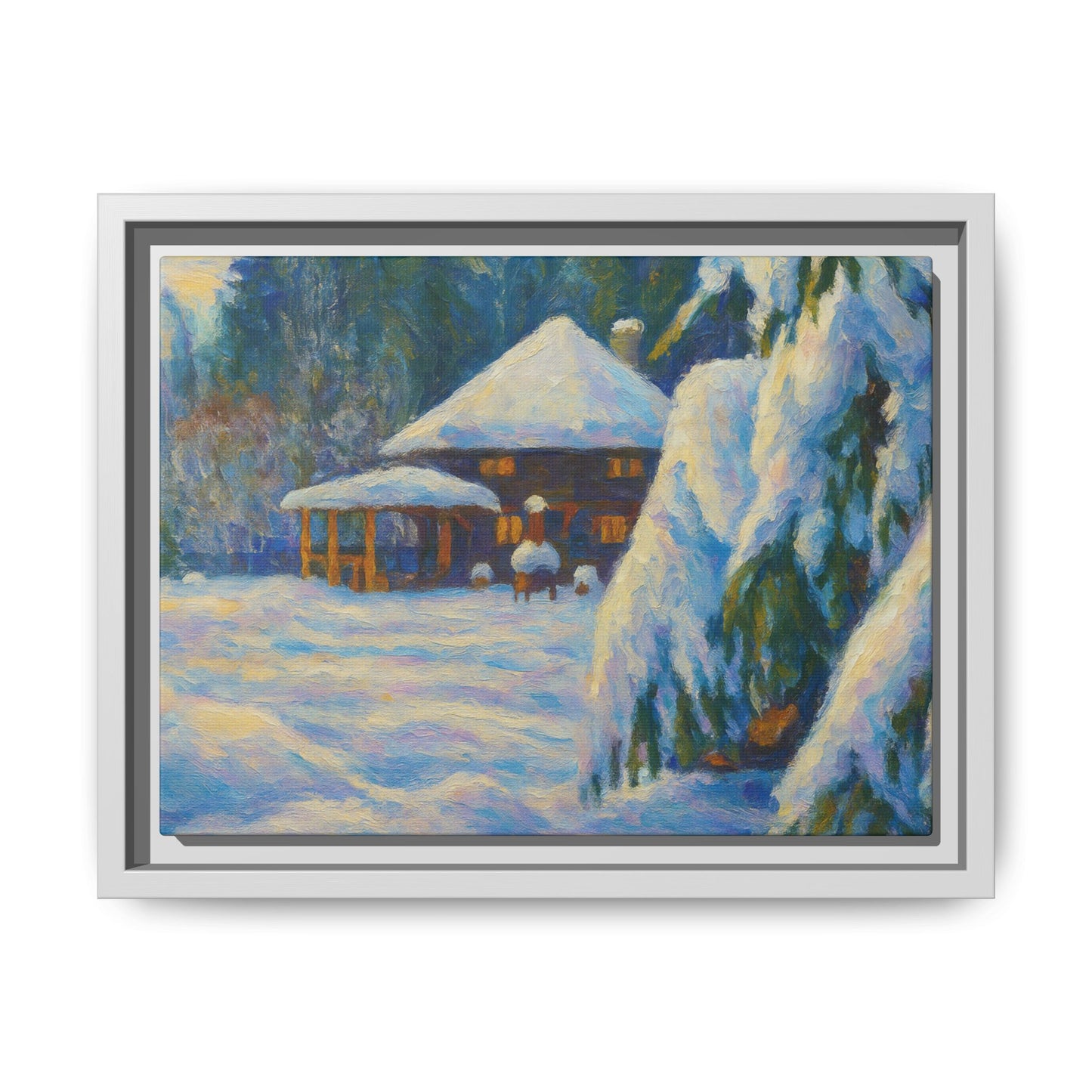 Framed matte canvas of a snowy cabin winter landscape wall art by Printify, showing a cozy cabin surrounded by snow-covered trees.