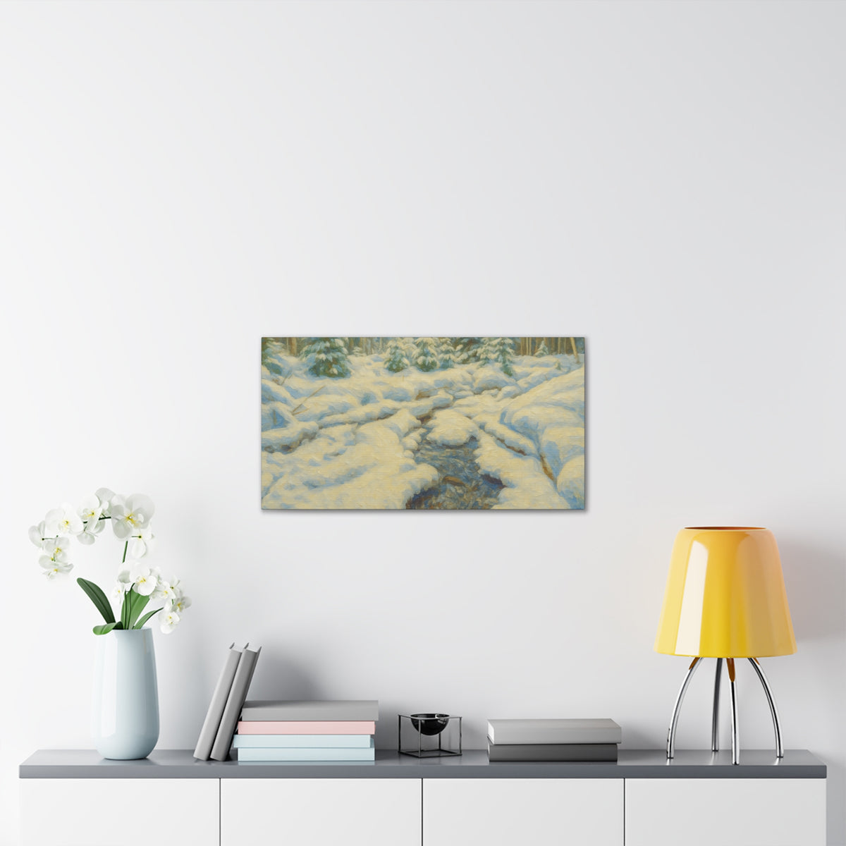 Snowy forest stream winter landscape canvas wall art by Printify, featuring a serene snow-covered forest scene on stretched canvas.