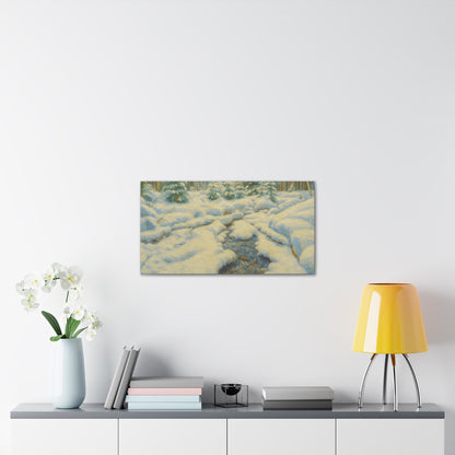 Snowy forest stream winter landscape canvas wall art by Printify, featuring a serene snow-covered forest scene on stretched canvas.