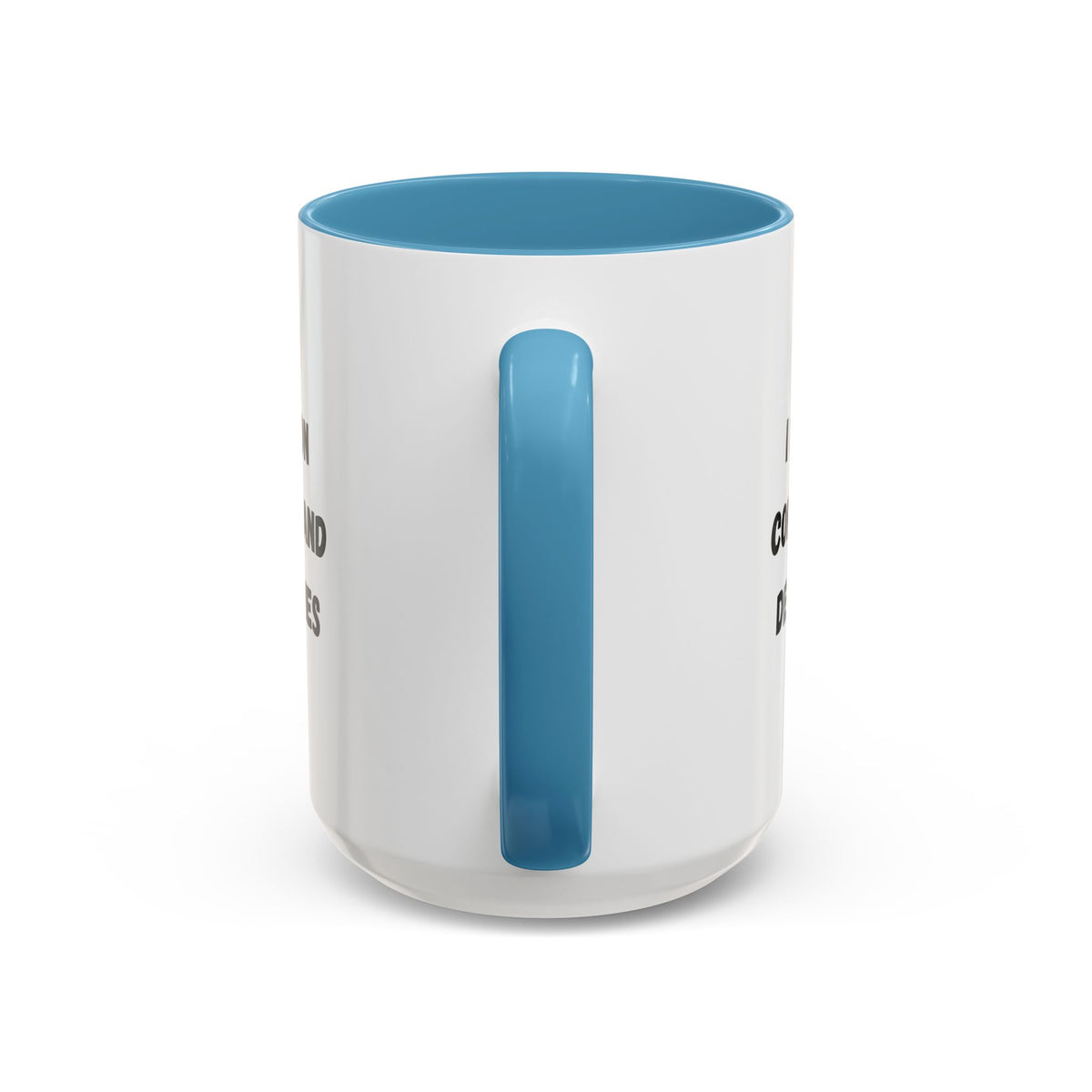 White ceramic coffee mug with black text reading "I run on coffee and deadlines" from Printify, shown with a close-up view.