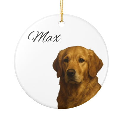 Personalized golden retriever ceramic ornament with custom name, pet memorial decoration, featuring a detailed golden retriever design.