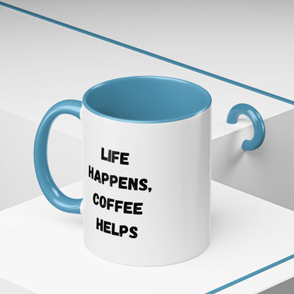 Black ceramic mug with "Life Happens Coffee Helps" text, 11oz or 15oz size, featuring a black handle and rim, by Printify.