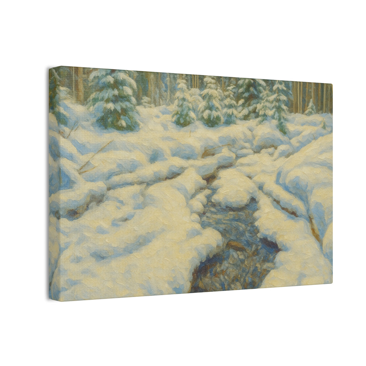 Snowy forest stream winter landscape canvas wall art by Printify, featuring a serene snow-covered forest scene on stretched canvas.