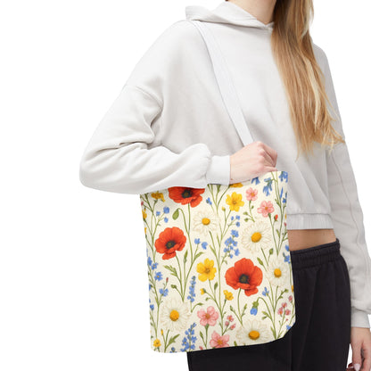 Wildflower Poppy print tote bag by Printify featuring a floral all-over pattern in vibrant colors, made from durable fabric.