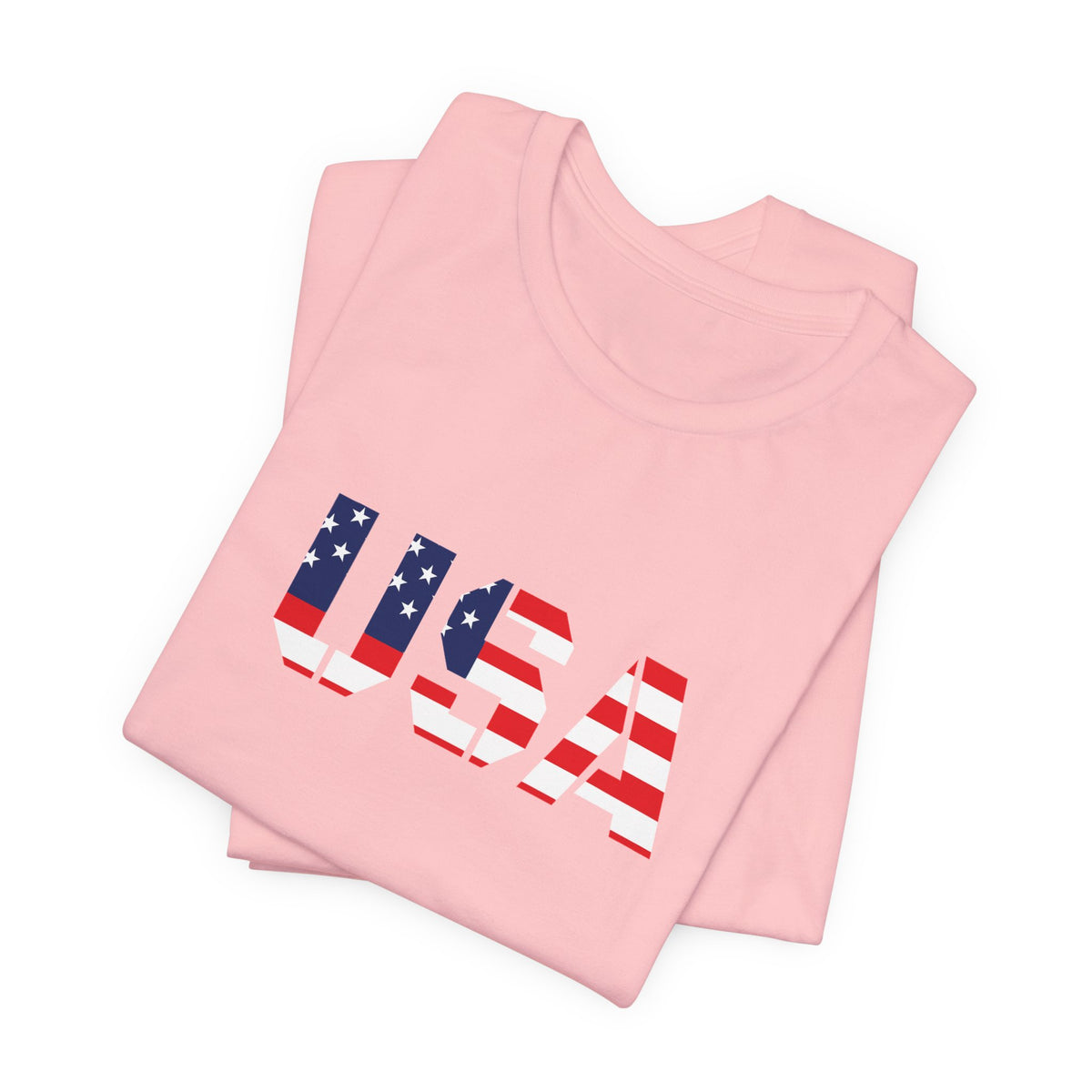 White T-shirt with USA flag and patriotic text design, perfect for Fourth of July celebrations, by Printify