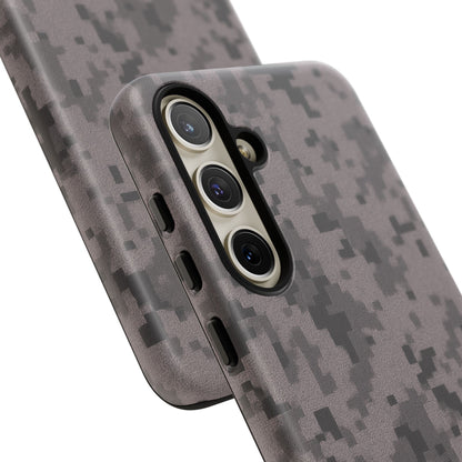 Gray digital camouflage phone case by Printify, tough protective cover for smartphones with a rugged camo design.