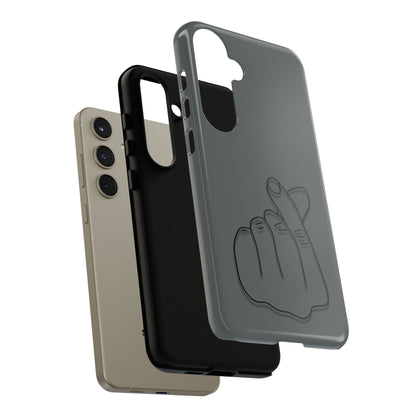 Silicone phone case with embossed Korean finger heart design, compatible with smartphones, by Printify.