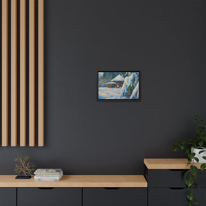 Framed matte canvas print of a snowy cabin winter landscape, featuring a cozy cabin surrounded by snow-covered trees.