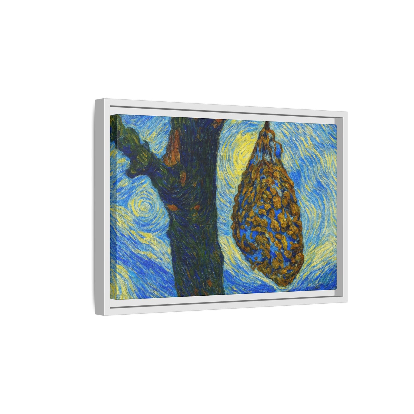 Framed matte canvas art of starry nut cluster with dried plum on a tree, by Printify, showcasing detailed botanical imagery.