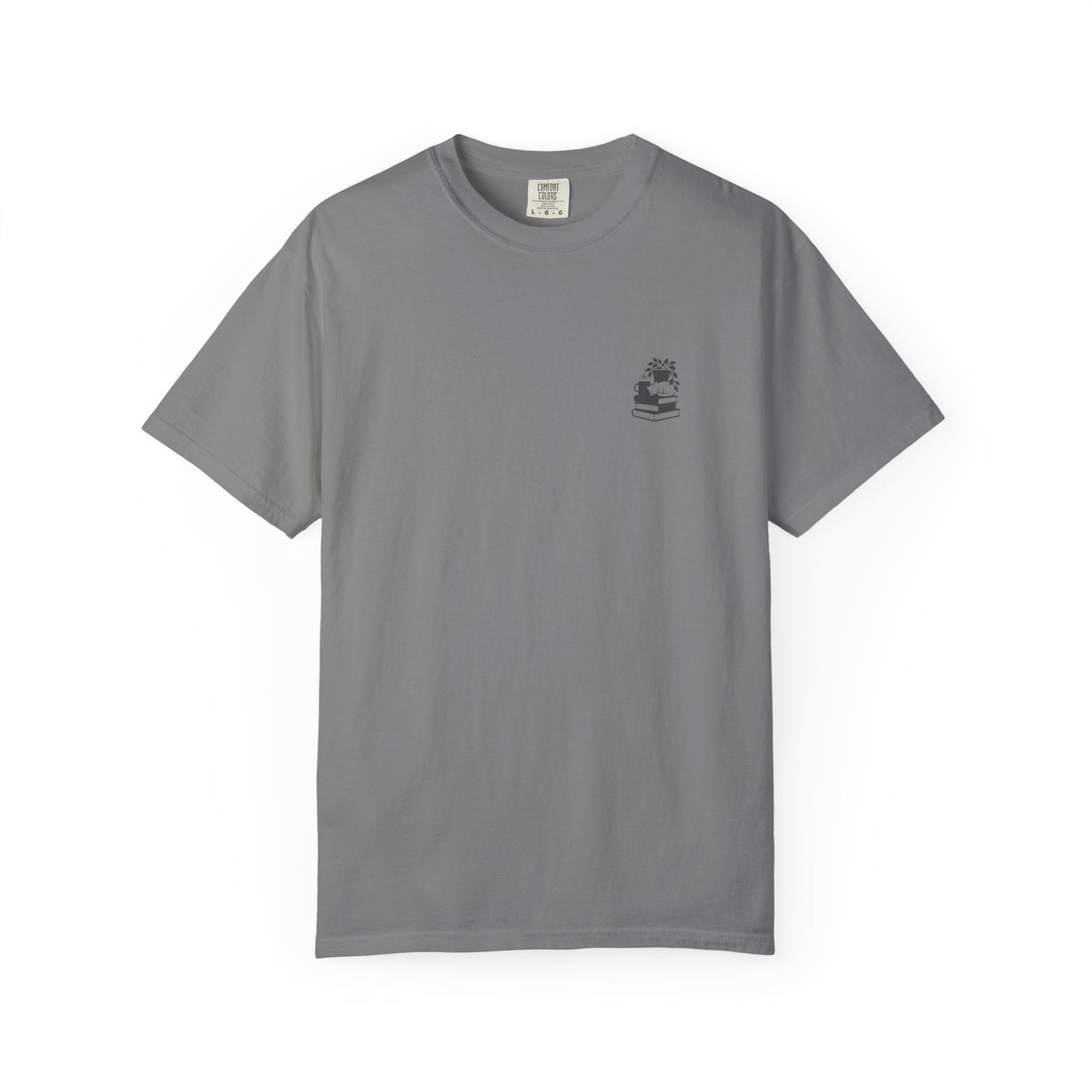 Cozy Cat on Books T-Shirt | Reading Tea Stack Illustration