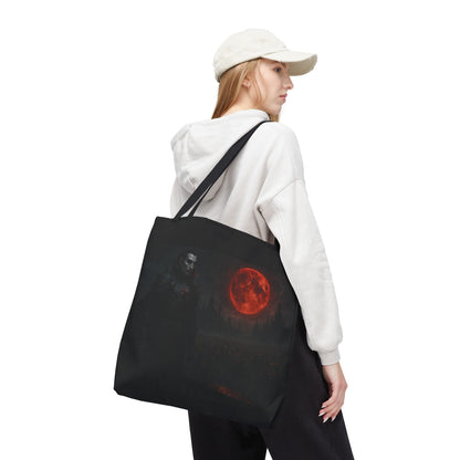 Gothic Dracula tote bag with moonlit vampire art, perfect for Halloween, by Printify, featuring detailed vampire design on durable bag.