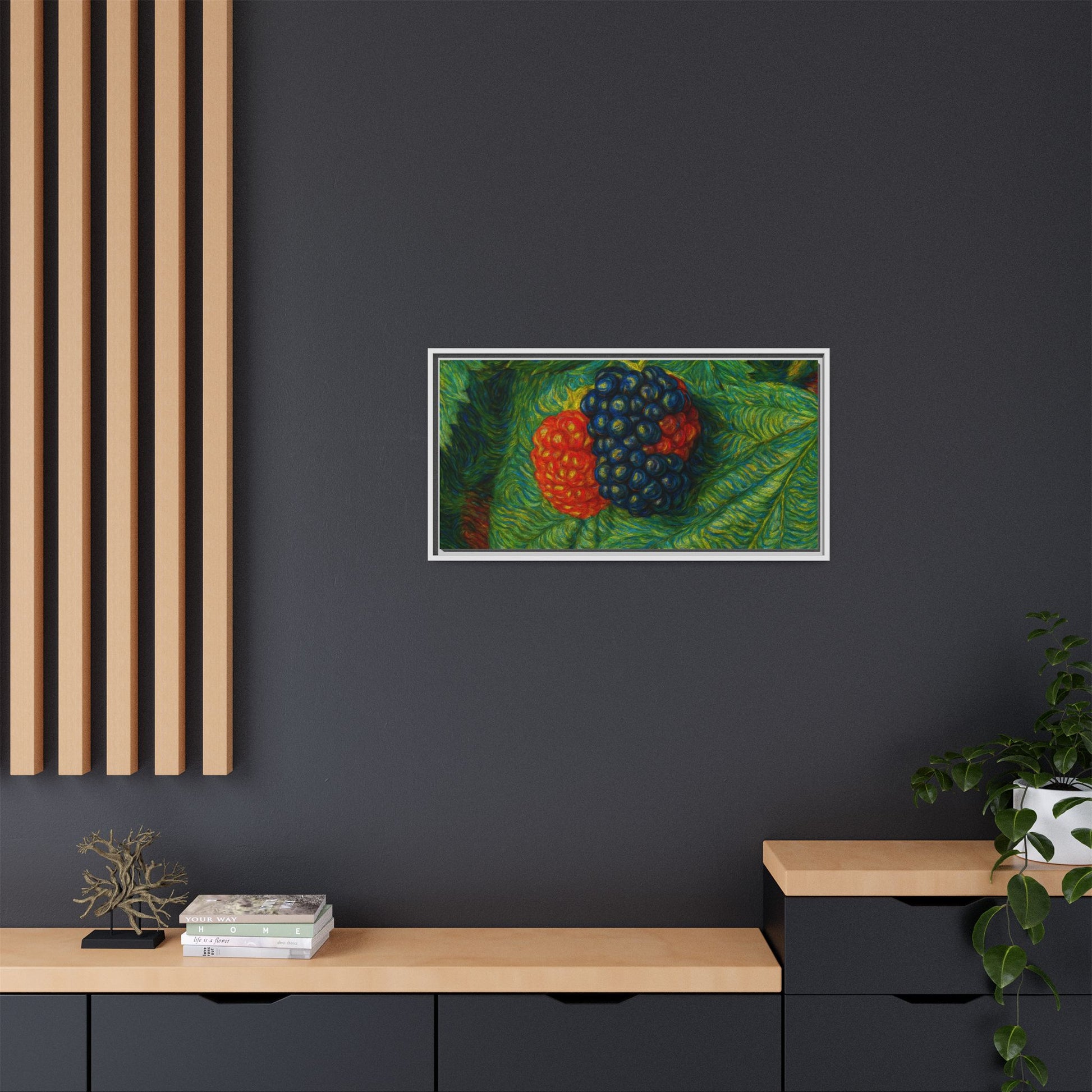 Blackberry still life framed canvas print by Printify, featuring detailed blackberries on a natural canvas background.