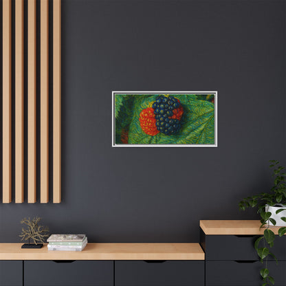 Blackberry still life framed canvas print by Printify, featuring detailed blackberries on a natural canvas background.