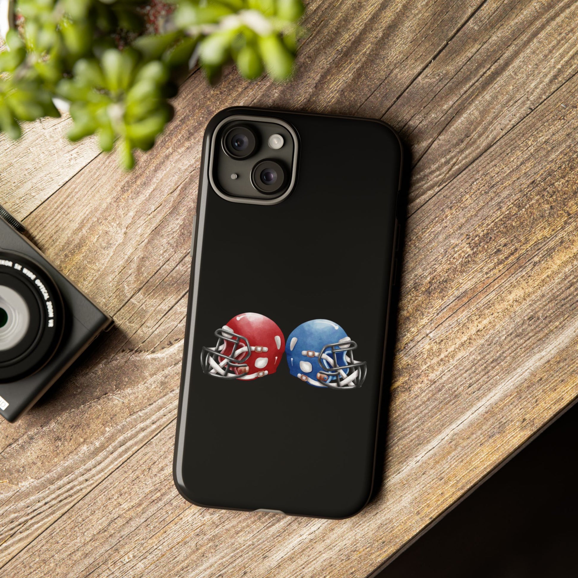 Red and blue football helmet tough phone case for iPhone, protective Printify cover with detailed helmet design.