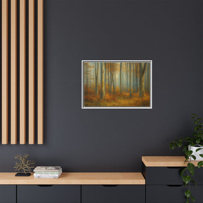 Framed autumn forest canvas print by Printify featuring misty woodland scene, ideal for wall decor.